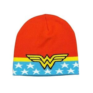 Wonder Woman DC Comics Justice League Beanie Hat Red Blue Stars Logo OSFA